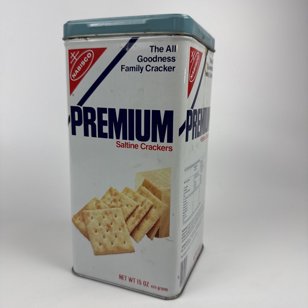Vintage 1978 Nabisco Premium Saltine Crackers 15oz Tin Canister Blue Lid